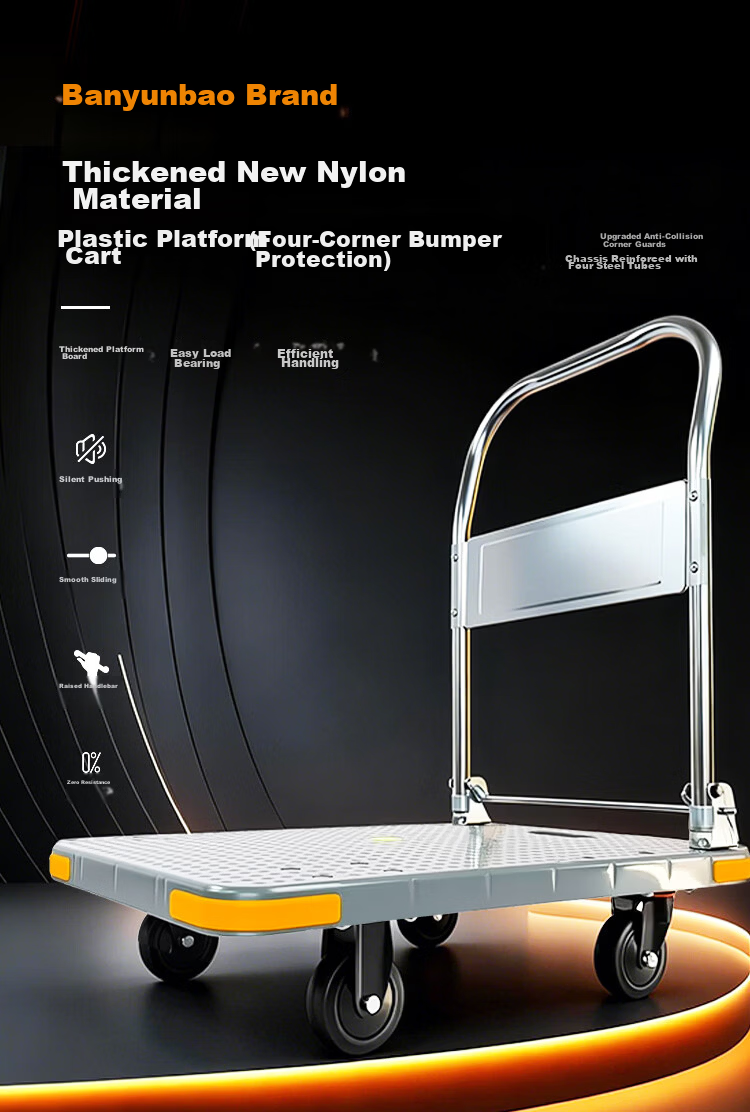 BYB Renovation Handcart Flatbed Cart Four-Corner Anti-Collision Hand Pull Cart 1000kg 90x60cm Small Trolley FZ-50 Gray 1
