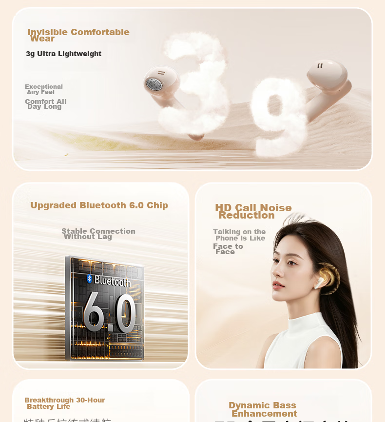 HP 2026 Latest True Wireless Bluetooth Earbuds Long Battery Life Semi-In-Ear Noise Cancelling Wireless Sports Running Music Gaming Compatible with Apple Huawei Xiaomi 3