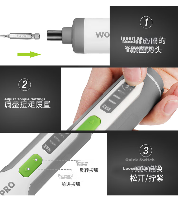 WORKPRO 3.6V Electric Screwdriver Straight Handle Small Lithium Battery Screwdriver Adjustable Torque Home Repair Tool Kit DIY 4