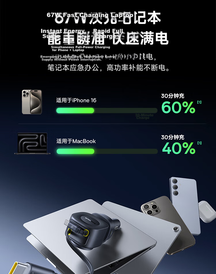 Baseus Car Charger with Retractable Cable 100W Cigarette Lighter Super Fast Charging Adapter Compatible with Apple 16/17 Huawei Xiaomi 7
