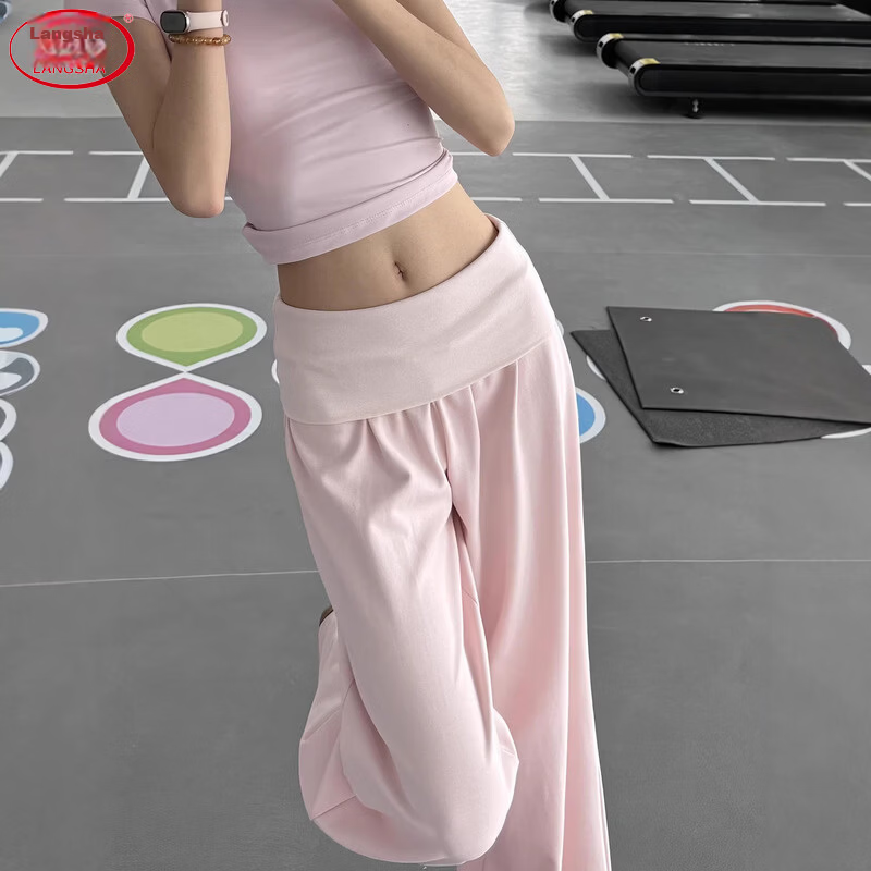 Langsha Women's Wide-Leg Pure Cotton New American Style Lazy Folded Waist Slim Casual High-Waist Sports Yoga Sweatpants