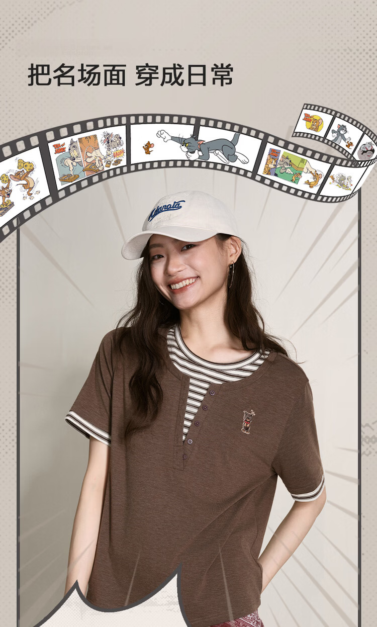Giordano [Tom and Jerry Collaboration] Embroidered Two-Piece Striped Loose Fit Crew Neck Short Sleeve T-Shirt for Women 18326815 6