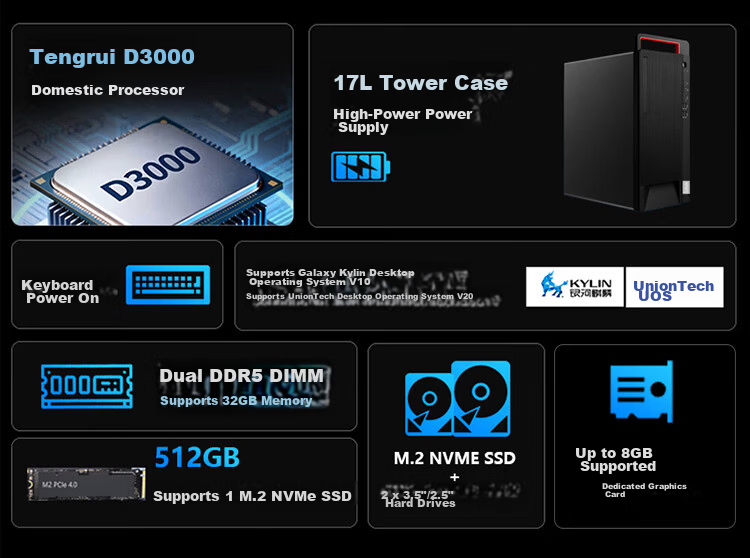 Lenovo Changfeng Zongwei M740J-91F Domestic Xinchuang Desktop Computer Kirin Trial Feiteng D3000 16GB 512GB Domestic 2GB Dedicated Graphics HDD No Recycling 3