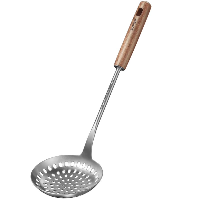 SUPOR Wenge Wood Handle 316L Stainless Steel High-Temperature Resistant Large Strainer Spoon with Smooth Drainage and No Water Accumulation