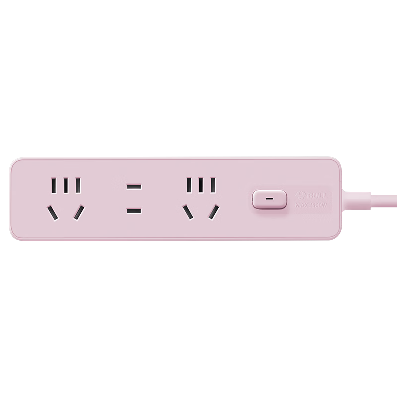 BULL Power Strip / Extension Cord / Power Bar / Multi-Outlet Strip / Power Board / Cable Reel, 3 Outlets with Master Switch, Total Length 1.8 Meters, Gen Z Style GN-Z1121 Cherry Blossom Pink