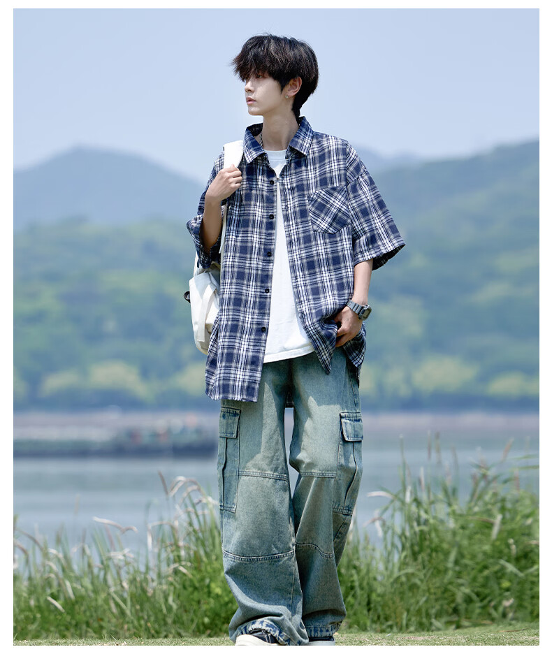 CLOR Men's Plaid Long Sleeve Shirt Spring Autumn Ins Loose Casual Retro Jacket CLCX10 Black 2XL 9