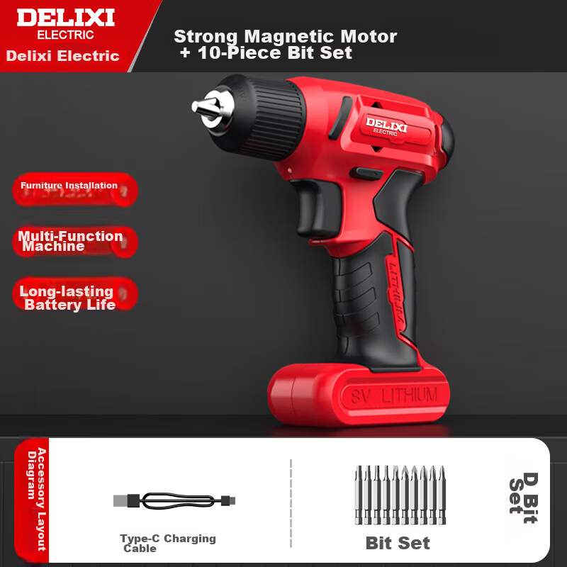 Delixi Electric Drill Cordless Screwdriver Impact Set Lithium Battery Handheld Drill Power Tools