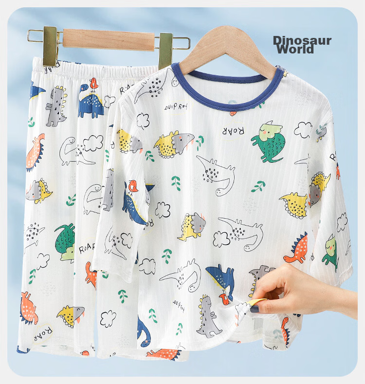 Bingxue Cotton Children's Pajamas Boys and Girls Ice Silk Summer Thin Seven-Sleeve Cooling Mid-Long Pants Air Conditioning Two-Piece Set 13