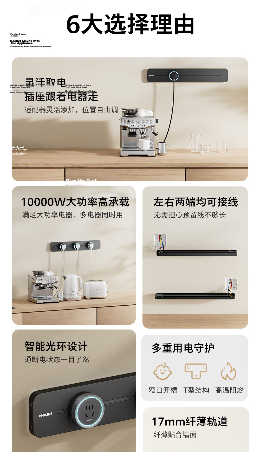 PHILIPS Slim Track Socket Ambient Light Movable Power Strip Wall-Mounted Island Rail 50cm with 3 Adapters Black 2