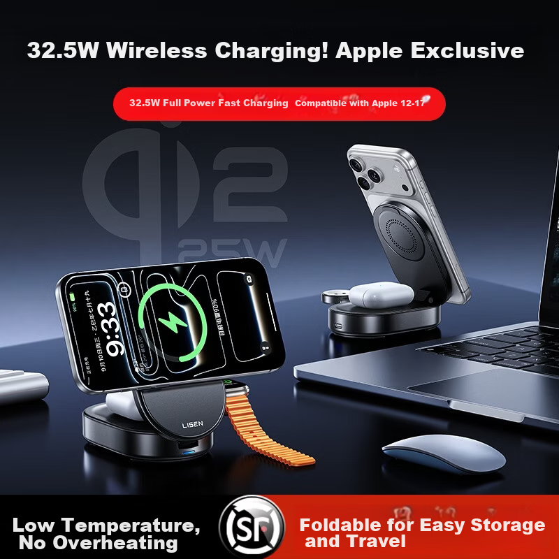 Lisen Apple 3-in-1 Wireless Charger Foldable Compact Portable MagSafe Magnetic Stand for iPhone 12-17 Series / iWatch / Earphones