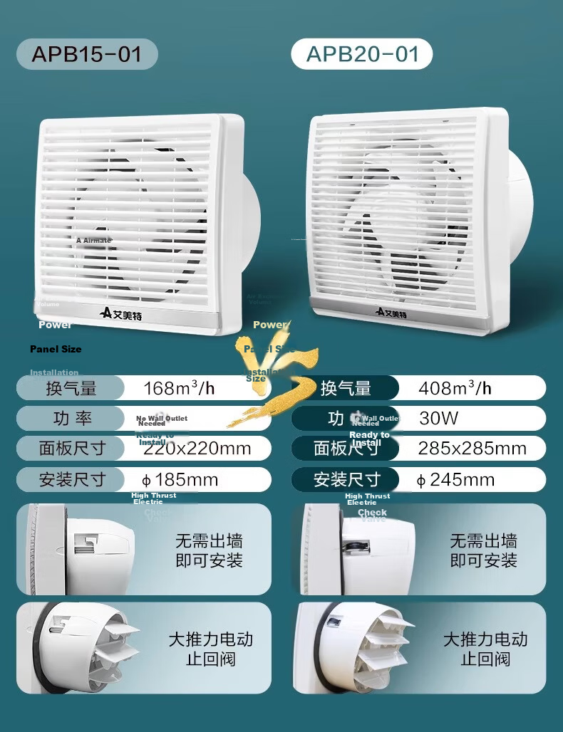 AIRMATE Window Exhaust Fan APB20-01 Powerful Low Noise Electric Backdraft Damper Smoke Ventilation Exhaust Fan 1