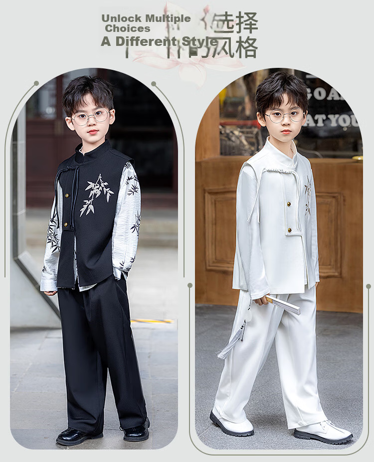 LUOBOBEIBEI Boys' New Chinese Style National Vest Set Children's Ancient Style Hanfu Performance Costume Long Sleeve Shirt 150 3