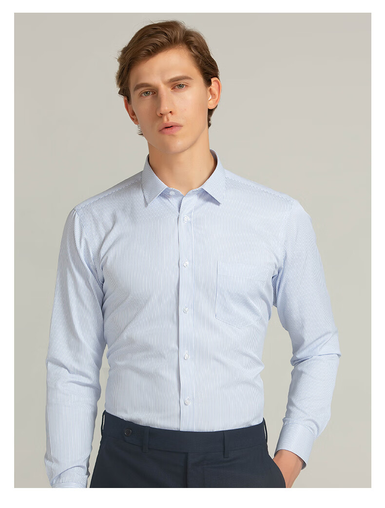 FIRS Men's Fleece-Lined Shirt Business Formal Thick Warm Blue Striped Fleece-Lined Shirt Size 40 4