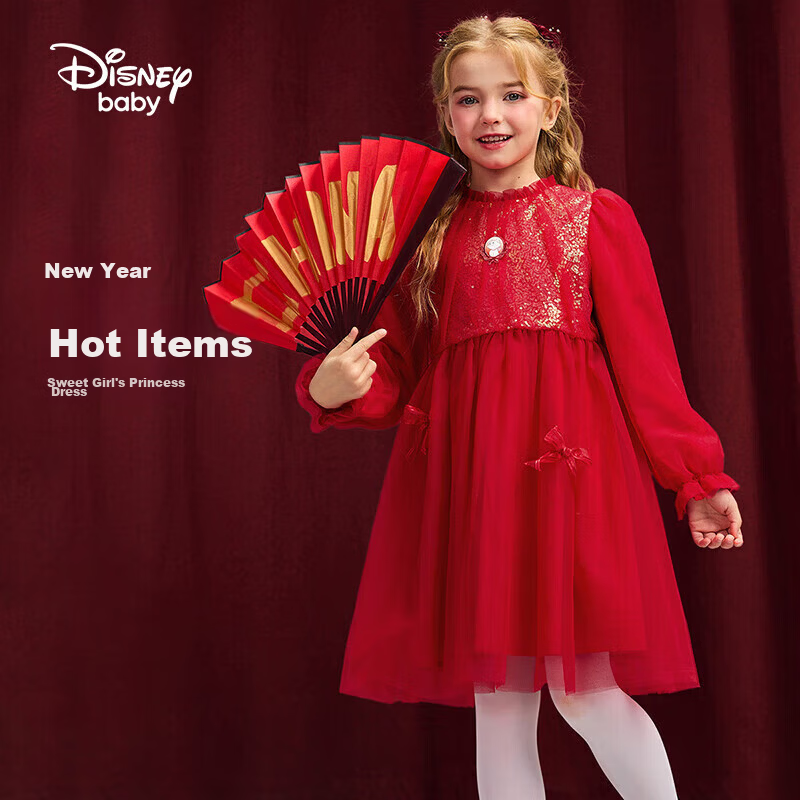 DISNEY Girls' Traditional Style Long Sleeve Dress New Year Princess Dress 25 Spring Autumn DB411RE02 Red Size 100