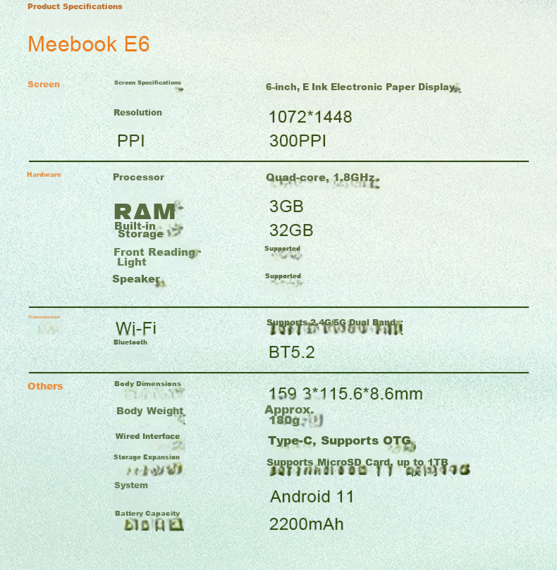JDRead MEEBOOK E6 6-Inch E-Reader 300PPI HD E-Ink Screen AI Reading Open System 32GB Physical Buttons 27