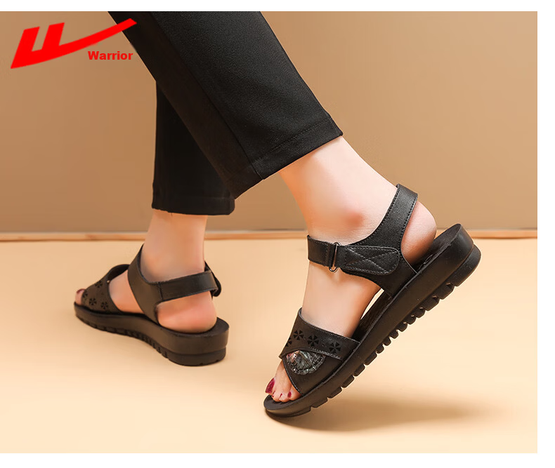 Warrior Mom Sandals Middle-aged Genuine Leather Soft Sole Summer Flat Non-slip Elderly Women Grandma 0720 Black Size 34 12