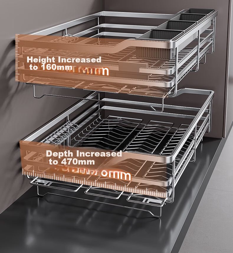 Sijimuge Pull-Out Basket Kitchen Drawer 304 Stainless Steel Double-Layer Dish and Spice Rack Cabinet Basket 10