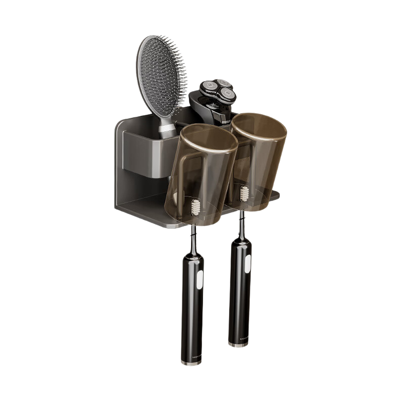 Huxiansen Toothbrush Holder, Wall-Mounted Storage Rack, No Drilling Required, Space Aluminum Material, Bathroom Mouthwash Cup Organizer