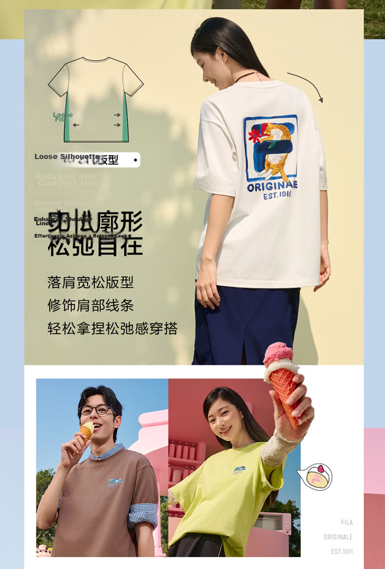 FILA Official Couple's Knitted Short Sleeve Shirt 2026 Summer Fashion Casual Unisex Loose Cat Embroidery T-Shirt 9