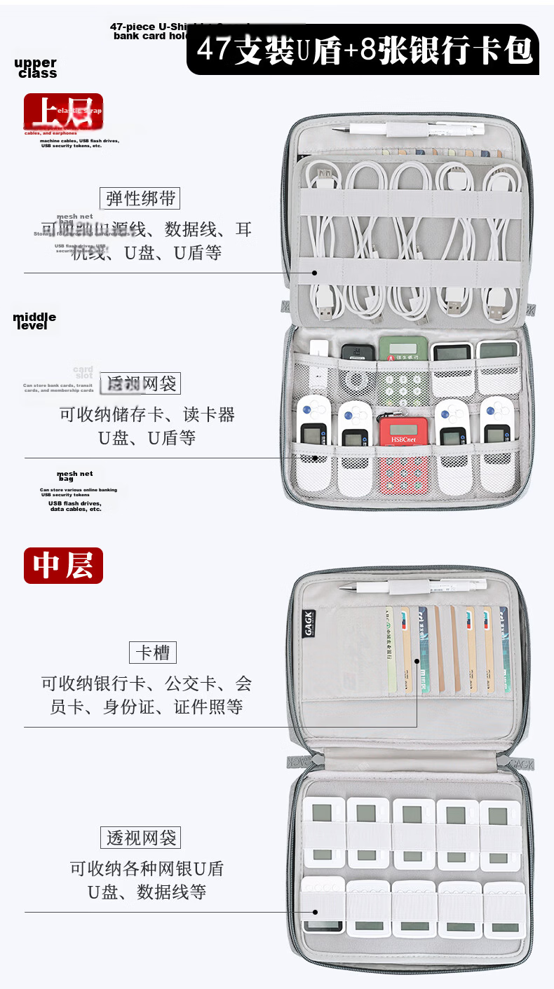 GAGK Corporate Cashier Ukey Waterproof Multi-Compartment USB Drive Storage Bag for 47 USB Drives + 8 Bank Cards 14