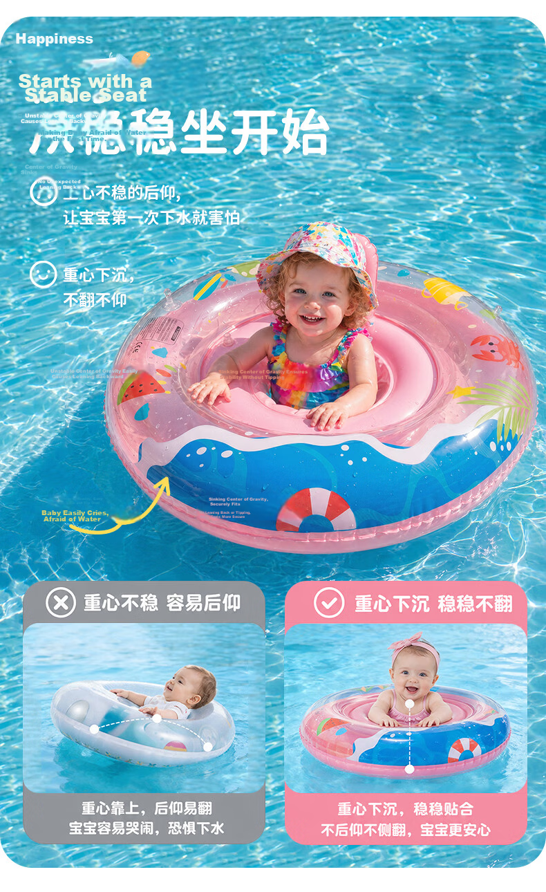 Swimmingbaby Kids Swimming Ring Thickened Sunscreen Girls Underarm Swim Ring for 3+ Years Pink One Size 2