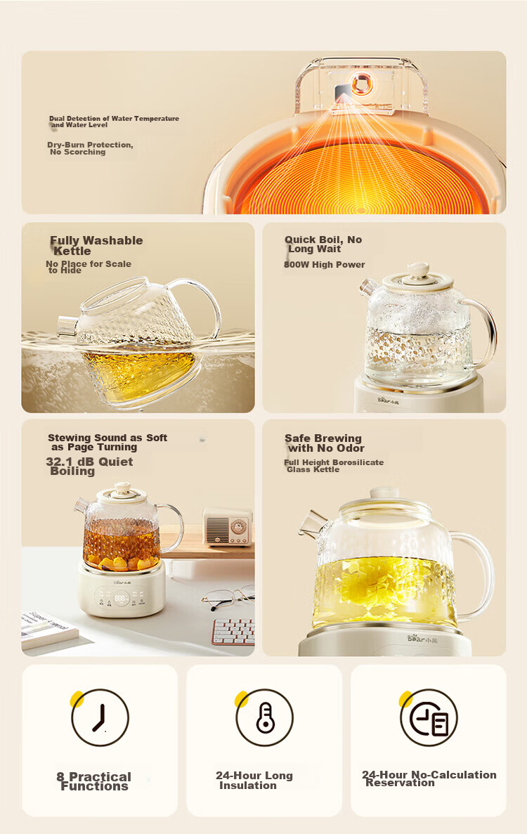 Bear Full Glass Health Pot Thermostatic Kettle YSH-P10Q7 Multifunctional Office Tea Kettle Flower Tea Pot Health Cup 24h Insulation 1L 2