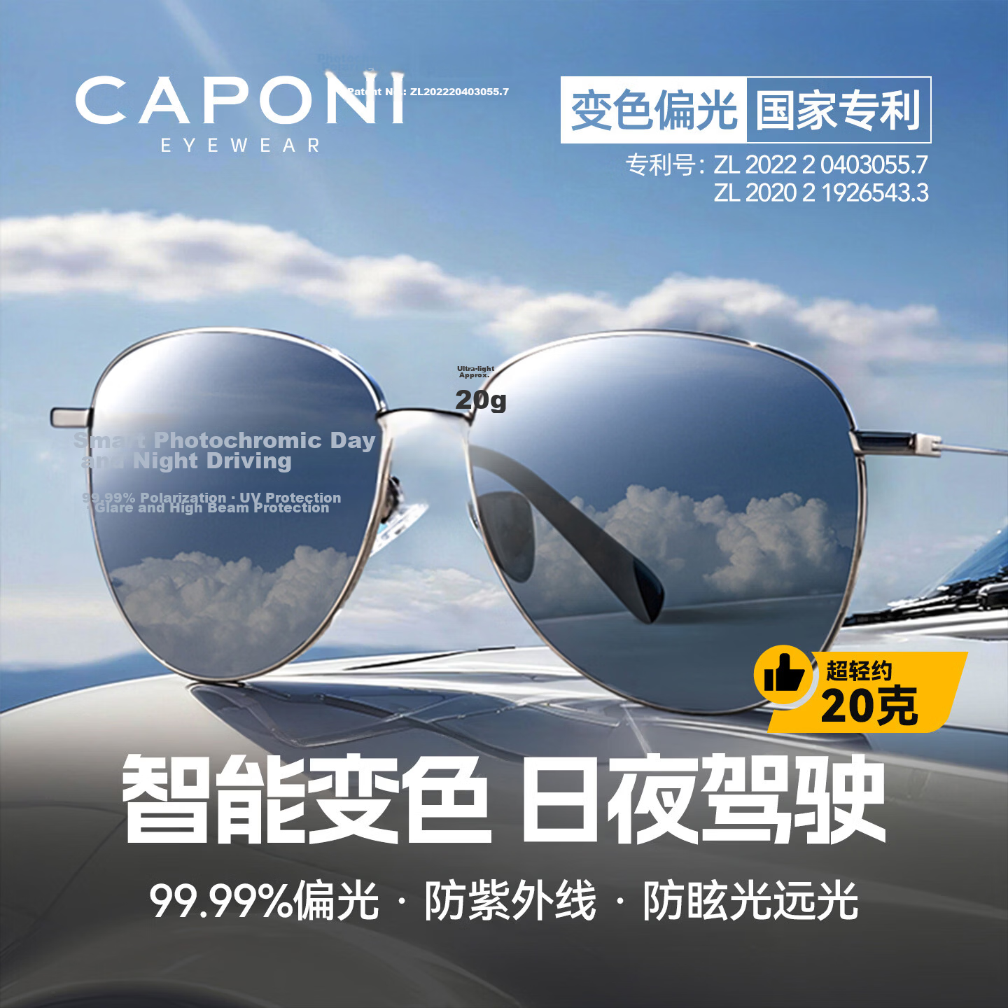 CAPONI Photochromic Polarized Sunglasses for Men UV Protection 2026 New Driving Day and Night Anti-Glare Glasses