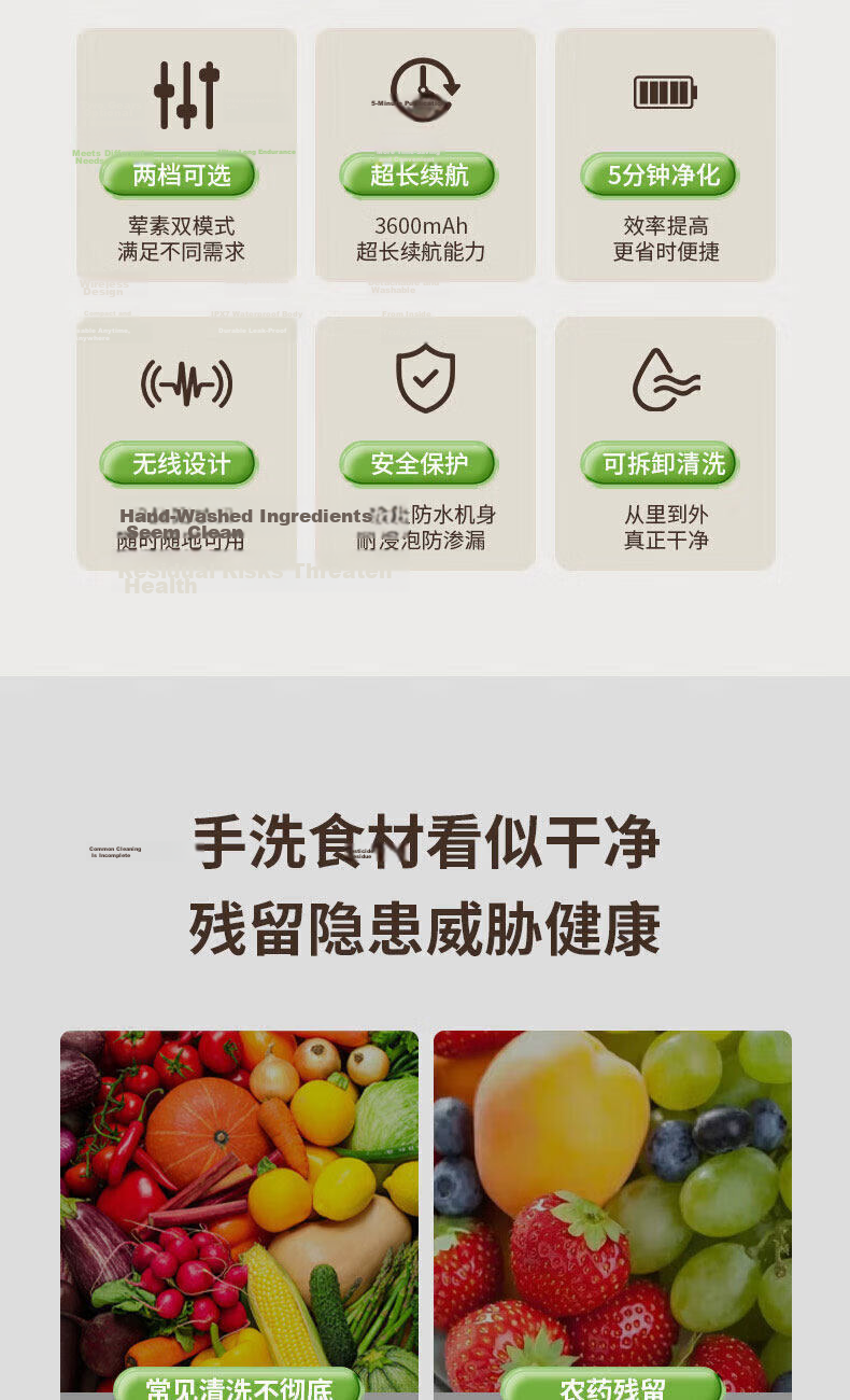 CHIGO Fruit and Vegetable Purifier Multifunctional Food Cleaner Ultrasonic Wireless Blue Light Sterilization Portable Washing Machine ZGGS-X4 3
