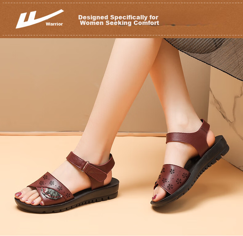 Warrior Mom Sandals Middle-aged Genuine Leather Soft Sole Summer Flat Non-slip Elderly Women Grandma 0720 Black Size 34 2