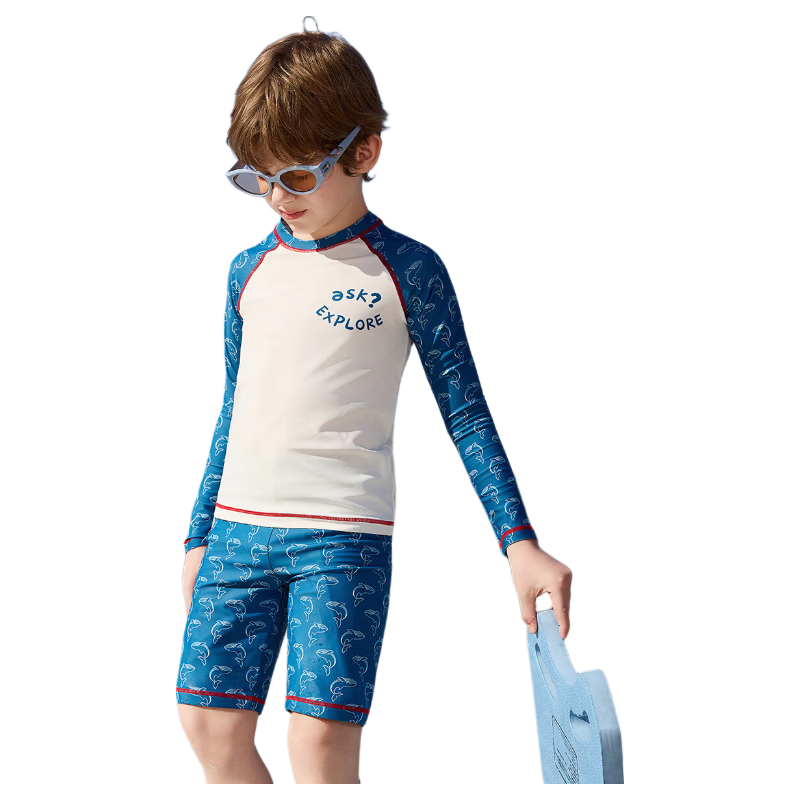ASK JUNIOR 【Sun Protection & Chlorine Resistant】Quick-Dry Children's Two-Piece Swimsuit with Swim Cap Summer Boys' Professional Training Wear for Older Kids
