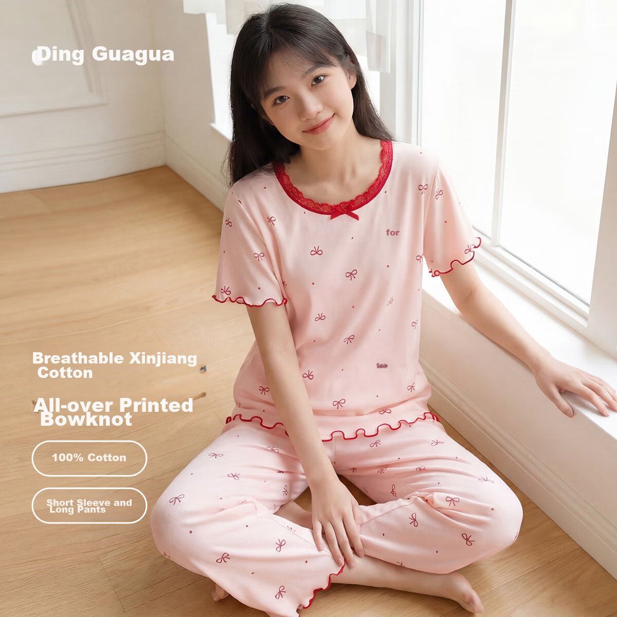 Dingguagua Children's Short Sleeve Cotton Summer Pajama Set A-Class Breathable Big Girl Homewear Two-Piece Pink Size 130
