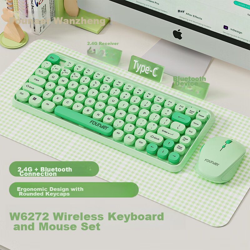Founder W6272 Silent Wireless Keyboard and Mouse Set Mini Cute Portable Wireless Combo for Laptop Desktop Office Home Spruce Green
