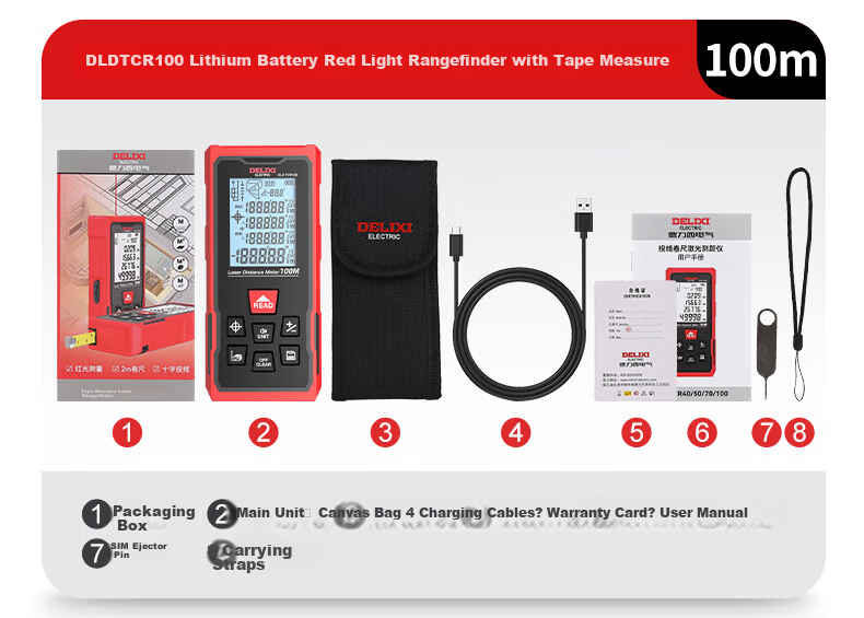 DELIXI ELECTRIC Laser Distance Meter with Crosshair, Tape Measure, Multifunctional Electronic Ruler, Lithium Battery, Red Light, 100m 23
