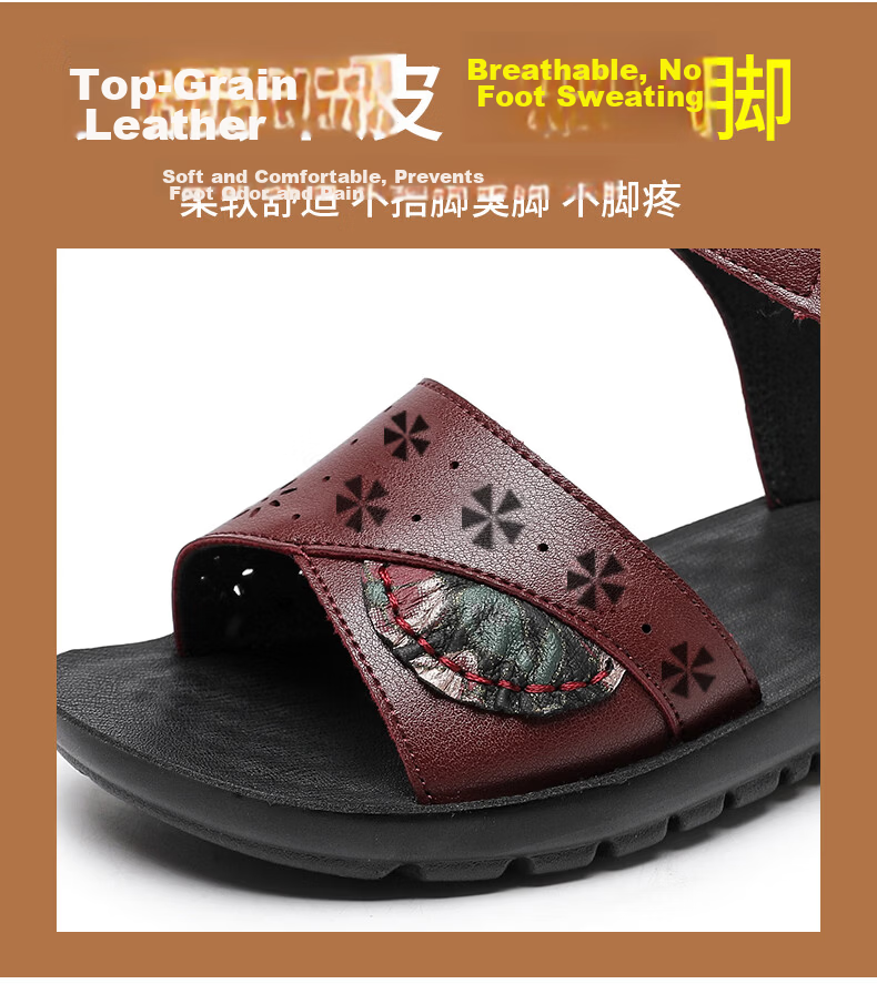 Warrior Mom Sandals Middle-aged Genuine Leather Soft Sole Summer Flat Non-slip Elderly Women Grandma 0720 Black Size 34 7
