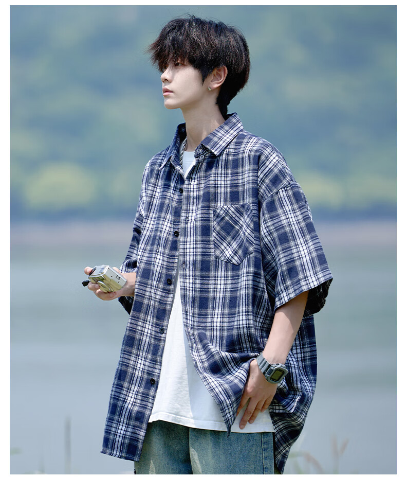 CLOR Men's Plaid Long Sleeve Shirt Spring Autumn Ins Loose Casual Retro Jacket CLCX10 Black 2XL 8