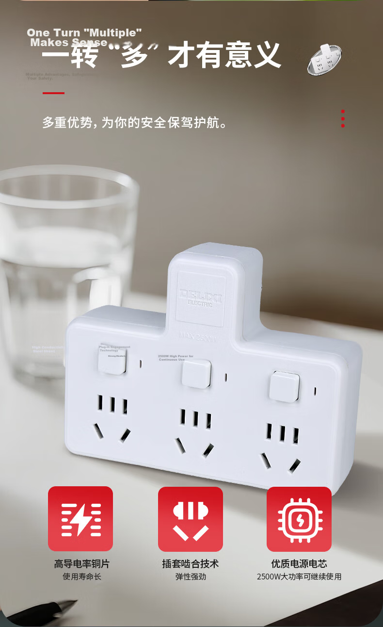 Delixi Electric Socket Power Converter Wireless Multi-Functional One-to-Three CDK603 7