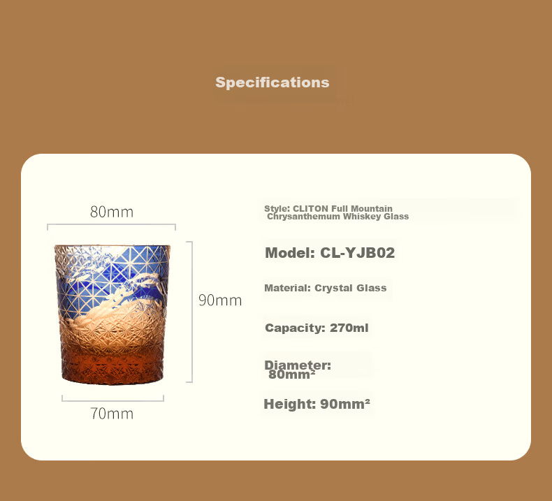 CLITON Full Mountain Chrysanthemum Amber Whiskey Glass Hand-Cut Crystal Liquor Glass Rock Spirit Glass Cup 10