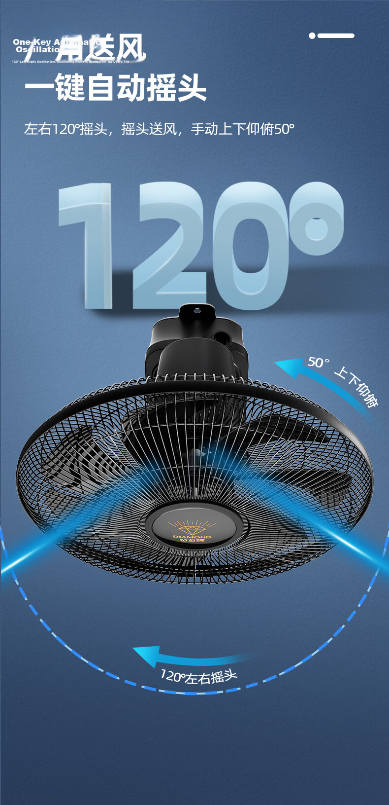 DIAMOND Wall-Mounted Electric Fan 16-Inch Plastic 7-Blade Quiet High-Power Industrial Oscillating Wall Fan for Home, Office, Living Room, Restaurant, Warehouse Water-Drop Design 9