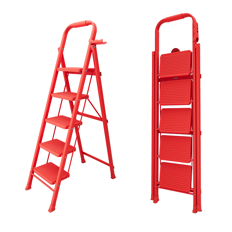 Aopeng Folding Household Five-Step Ladder Indoor Multi-Functional Climbing Ladder with Handrail Red Ladder Gift for Housewarming