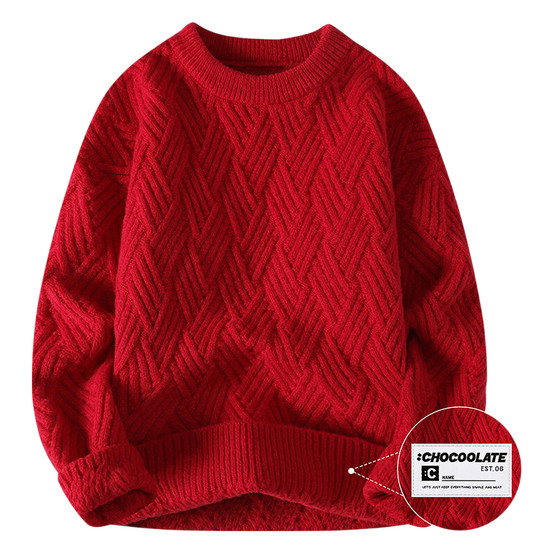 :CHOCOOLATE IT Loose Fit Crew Neck Sweater Men Winter New Trendy Warm Knitwear Red 2XL