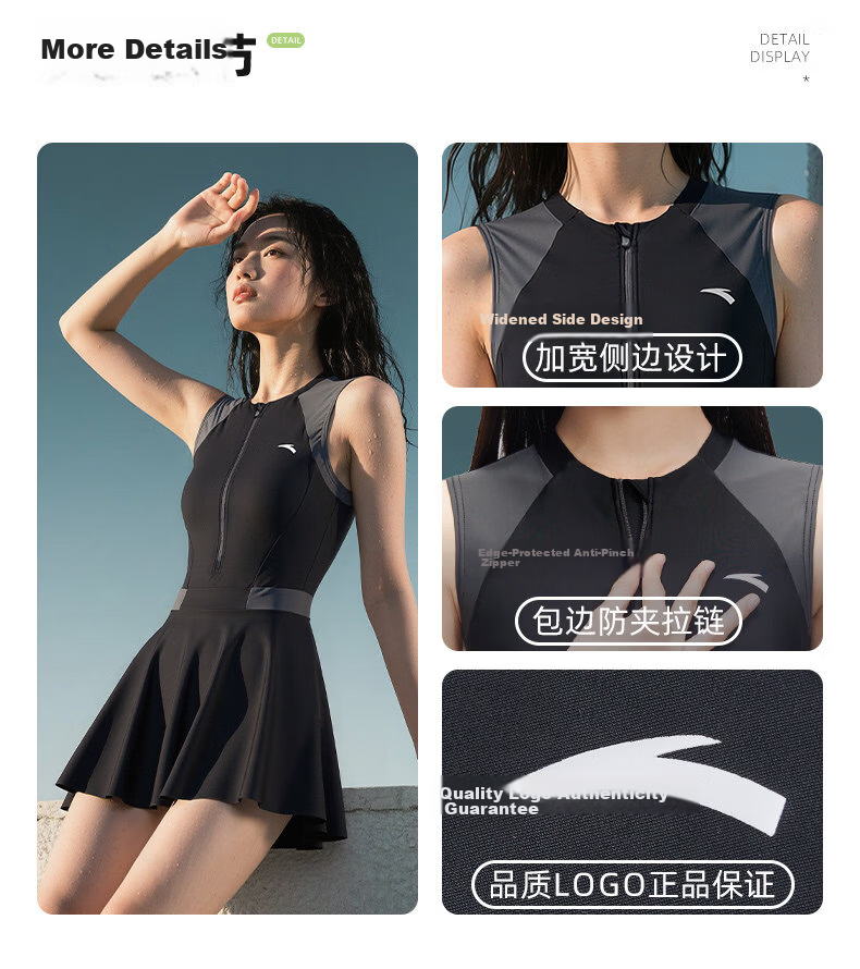 ANTA Women's One-Piece Slim Fit Skirted Swimsuit Breathable Comfortable Hot Spring Hepburn Style Vacation Swimwear Black Gray M 12