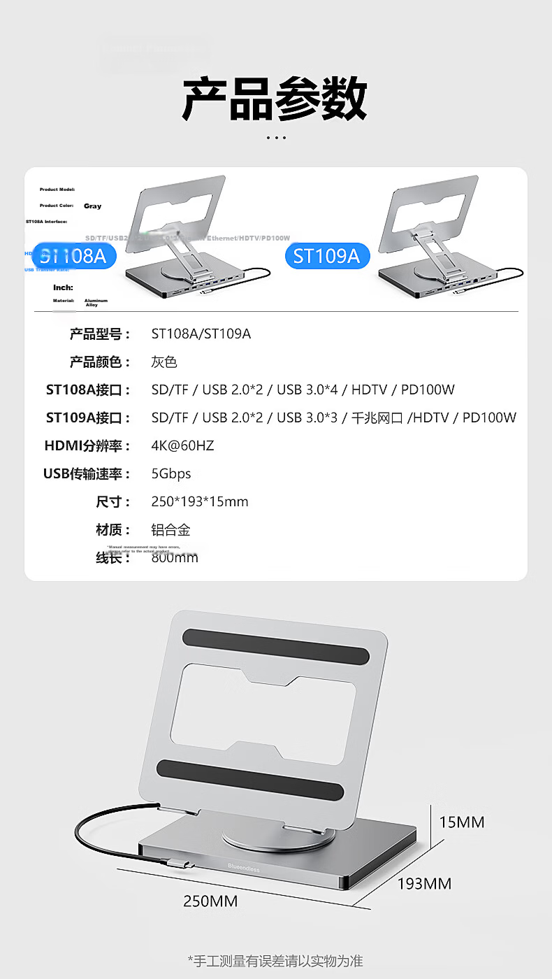 Lanshuo 10-in-1 Laptop Type-C Docking Station Stand 360° Rotatable 4K60 Display Gigabit Ethernet PD 100W Charging USB 3.0 Expansion Aluminum Alloy Heightening Stand 14