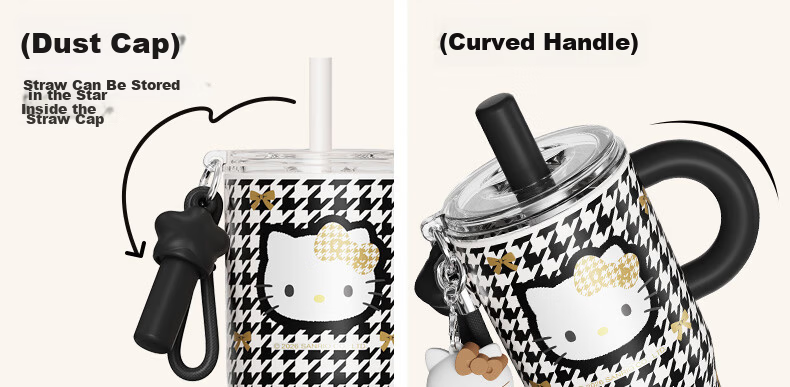 SANRIO Hello Kitty Houndstooth Black Gold Insulated Tumbler 316 Stainless Steel with Straw Gift 650ml 9