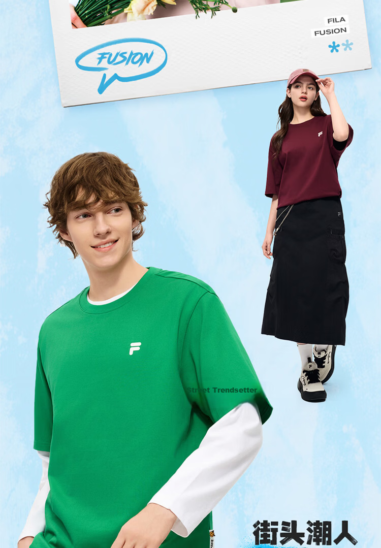 FILA FUSION Official Trendy Couple's Short Sleeve T-Shirt Summer Colorful Loose Sports Tee 11