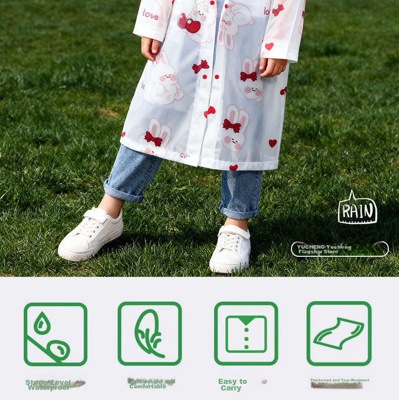 Yucheng Kids Raincoat Cartoon Print Elementary School Children Kindergarten Travel Portable Disposable Long Thickened Full-body Rain Poncho 2