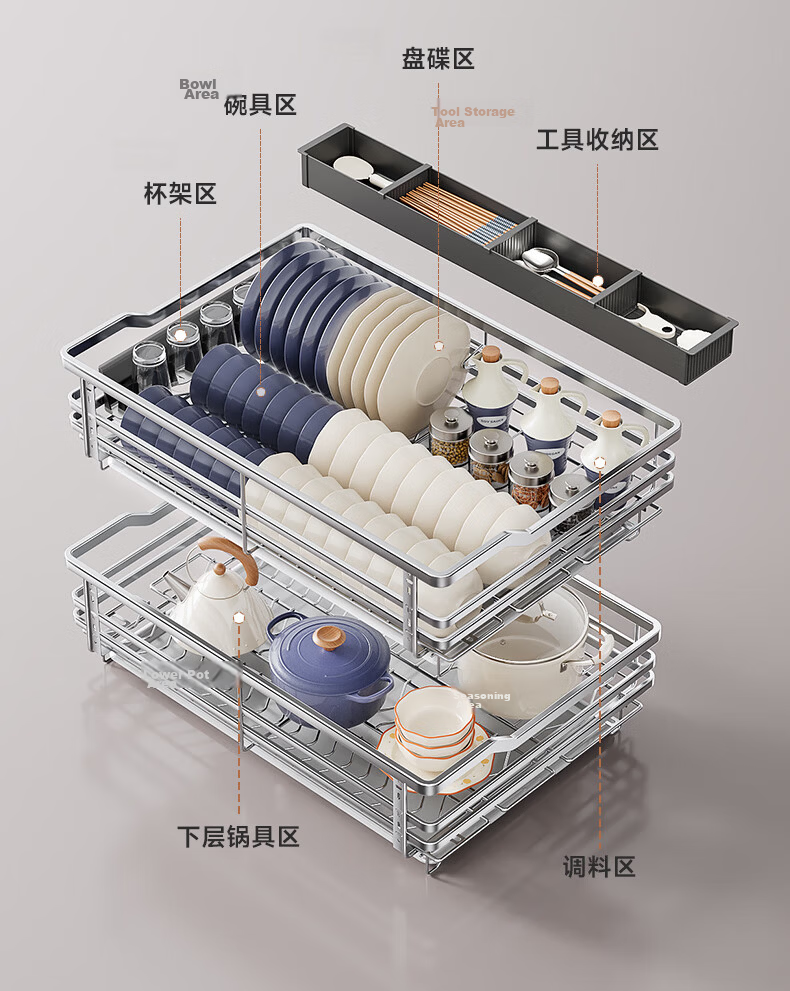 Sijimuge Pull-Out Basket Kitchen Drawer 304 Stainless Steel Double-Layer Dish and Spice Rack Cabinet Basket 15