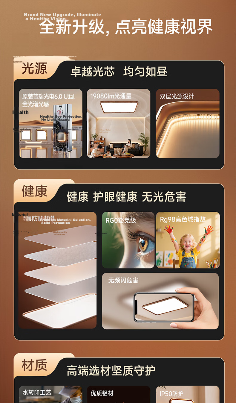 HP Ceiling Light Full Spectrum Cree Eye Protection Living Room Lamp Vintage Walnut Whole House Lighting Set Morning Light 2