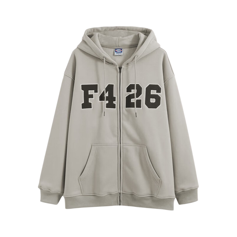 F426 Official Store National Trend Loose-Fit 4-Color Large LOGO Patch Cardigan Sweatshirt Jacket, Earth Light Gray, M