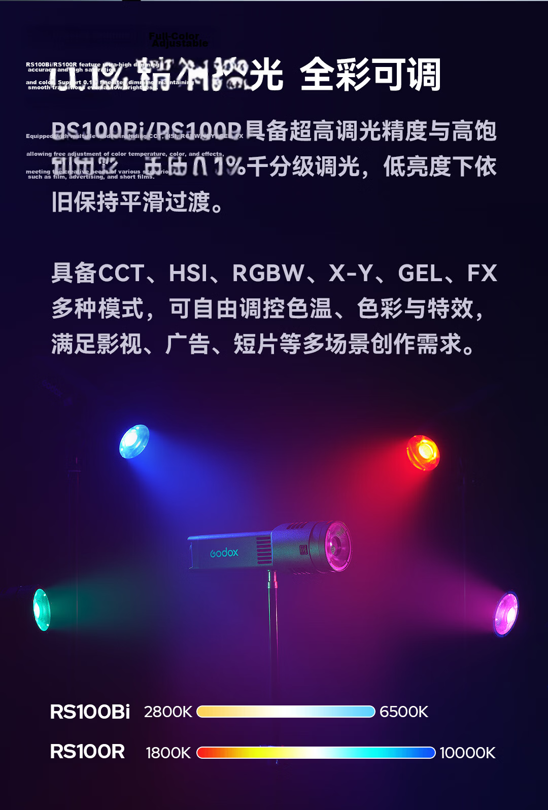 Godox RS100R Bicolor LED Video Light RGB Full Color Continuous Light Photography Portrait Video Modeling Spotlight Outdoor Atmosphere Lens Light [Official Standard Edition] 5
