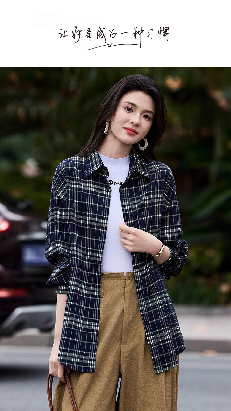 Demana [Stylish Everyday] Spring Vintage Lapel Plaid Drop Shoulder Loose Slimming Concealing Shirt for Women High-End Feel 1
